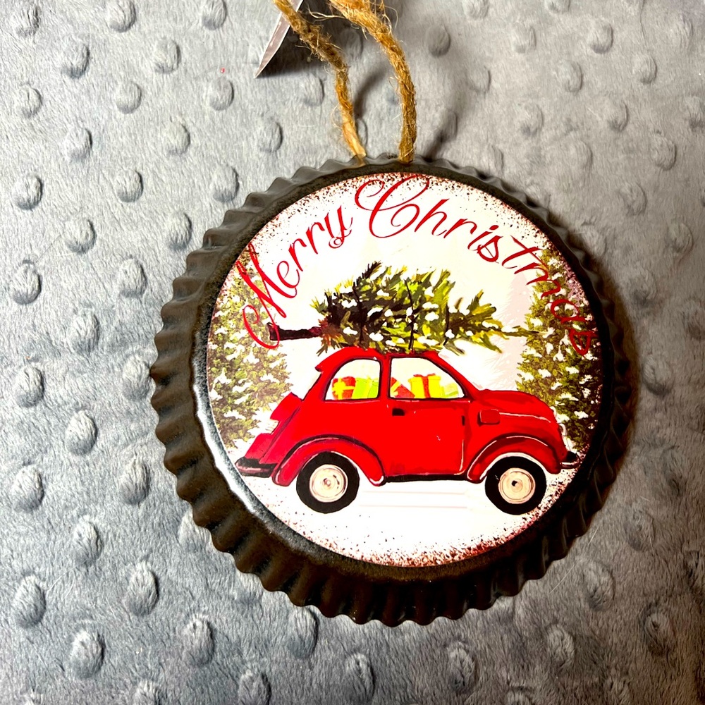 Christmas Ornament Rustic Volkswagen with Tree on Top made on Fluted Tin